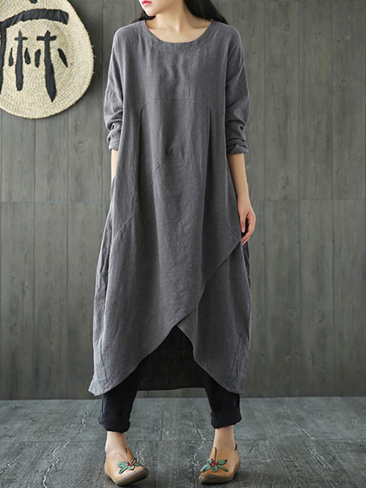 Langärmeliges Baumwoll-Midi-Kleid, unregelmäßiger Schnitt