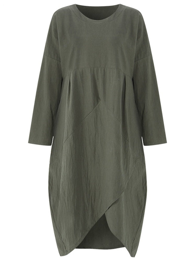 Langärmeliges Baumwoll-Midi-Kleid, unregelmäßiger Schnitt