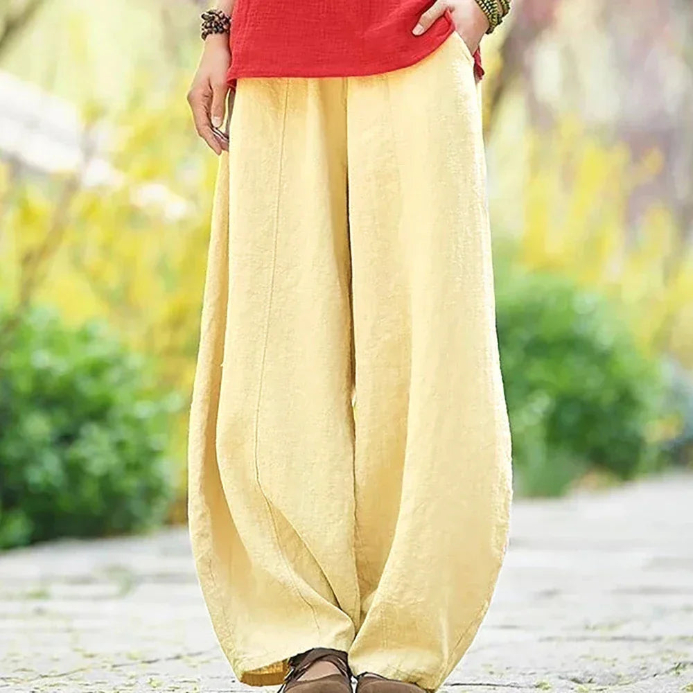 Baumwoll-Leinen Hose mit weitem Bein