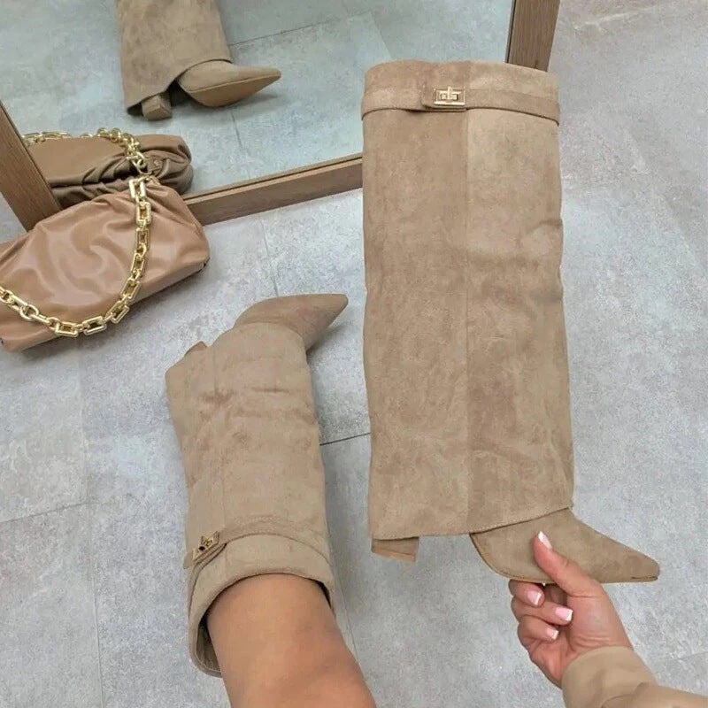 Elegante Damen-Suede-Stiefel mit Goldakzenten