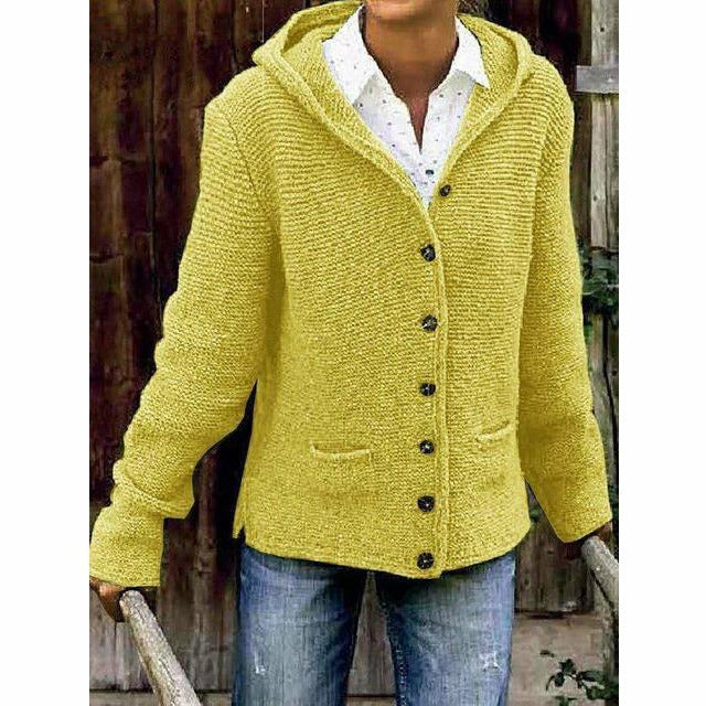 Vintage Kapuzenstrickmantel mit Knöpfen und Taschen