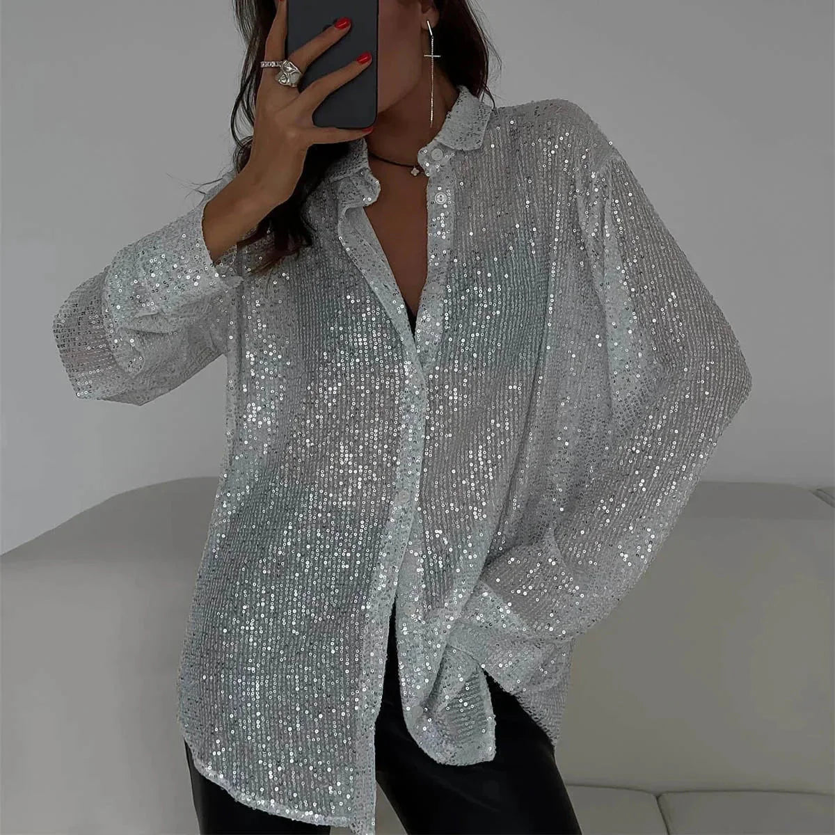 Langarm Pailletten Glitzer Top