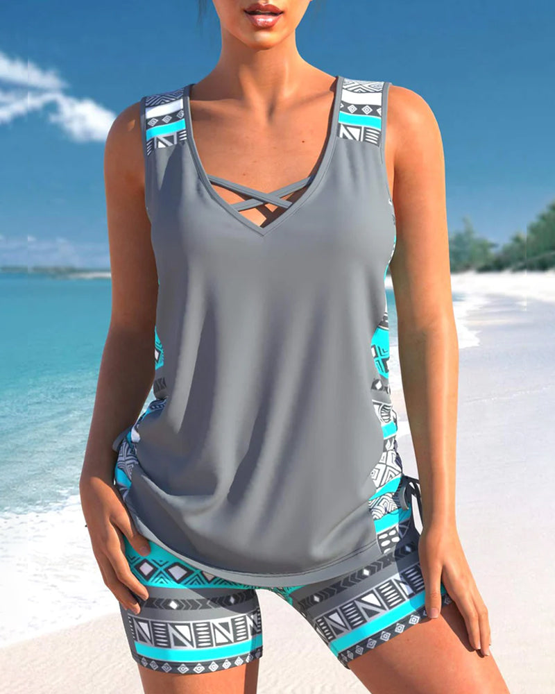 Geometrischer Tankini-Bikini-Set mit V-Ausschnitt