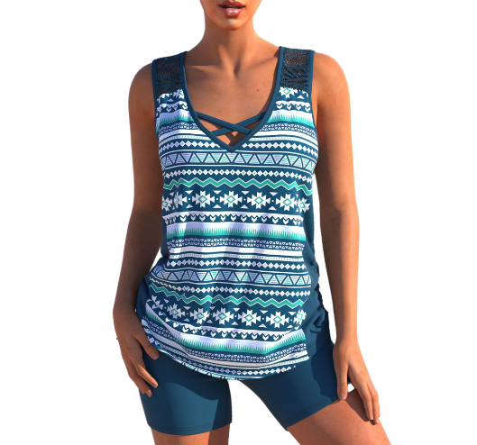 Geometrischer Tankini-Bikini-Set mit V-Ausschnitt