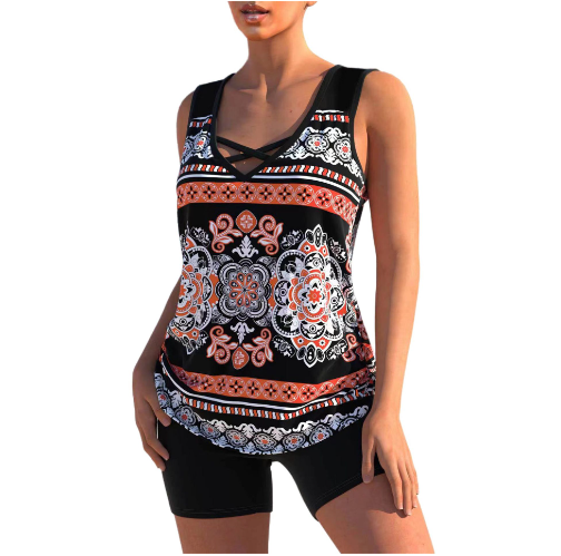 Geometrischer Tankini-Bikini-Set mit V-Ausschnitt