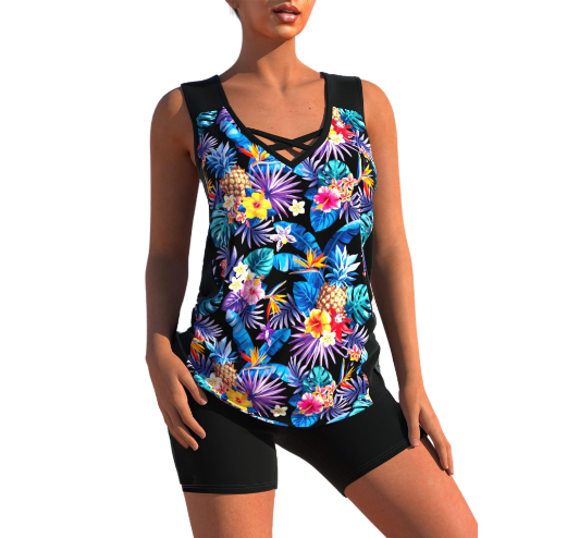 Geometrischer Tankini-Bikini-Set mit V-Ausschnitt