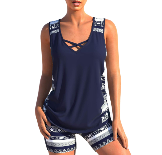 Geometrischer Tankini-Bikini-Set mit V-Ausschnitt