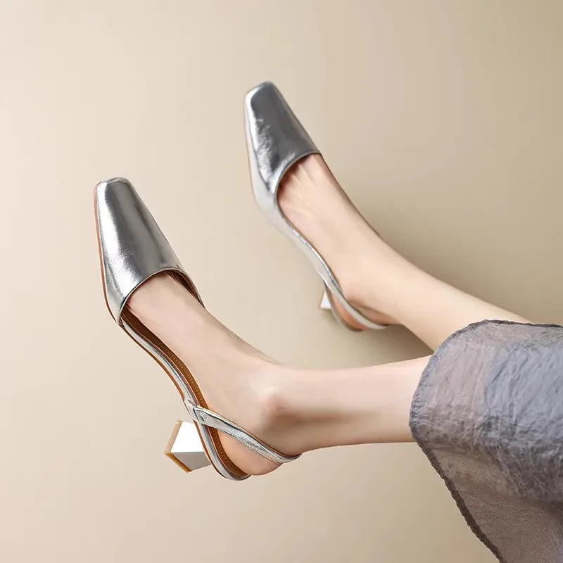 Slingback Schuhe mit Blockabsatz - Silber Metallic