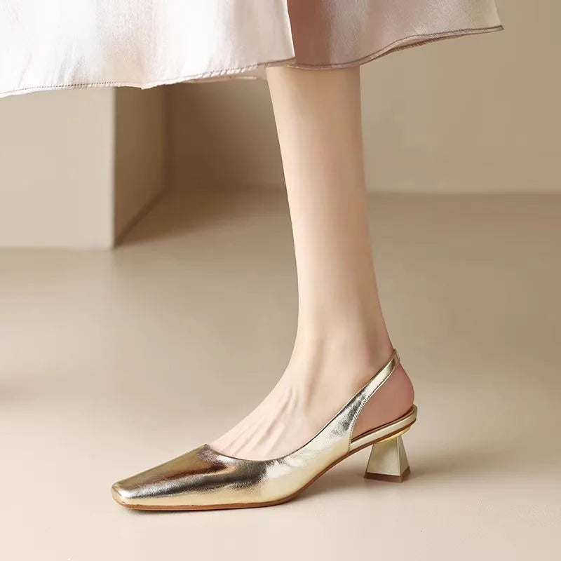 Slingback Schuhe mit Blockabsatz - Silber Metallic