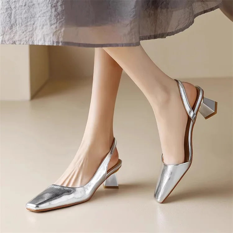 Slingback Schuhe mit Blockabsatz - Silber Metallic