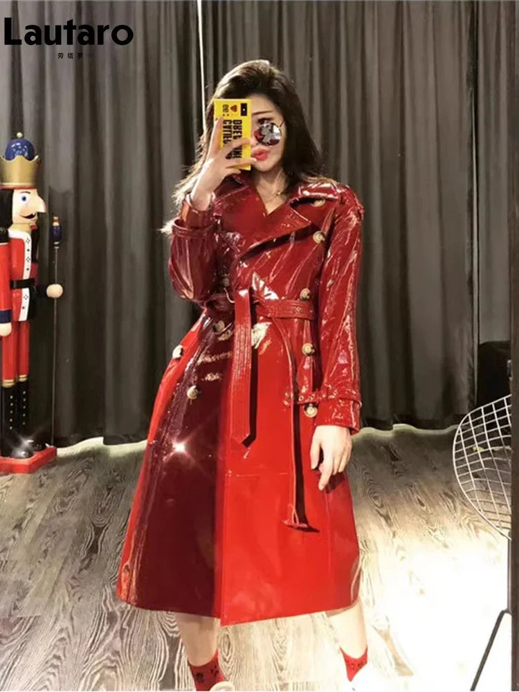 Herbst Trenchcoat Damen Kunstleder Lang Reflektierend