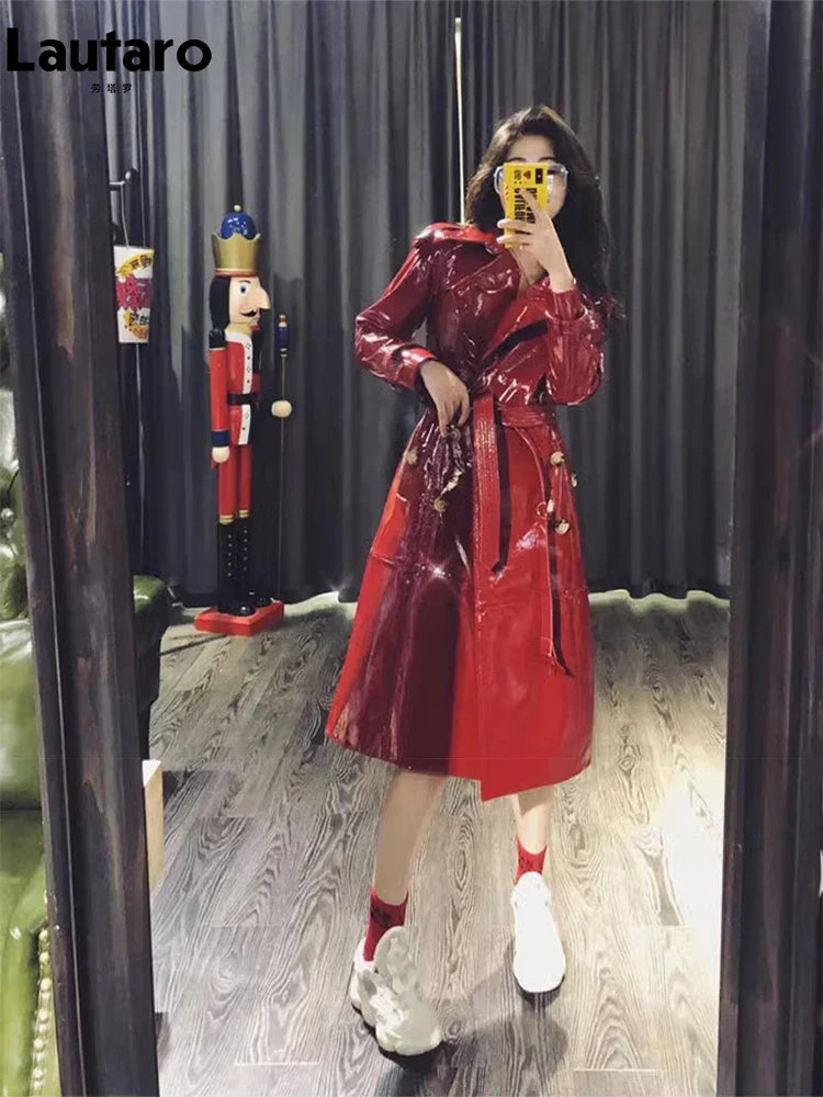 Herbst Trenchcoat Damen Kunstleder Lang Reflektierend