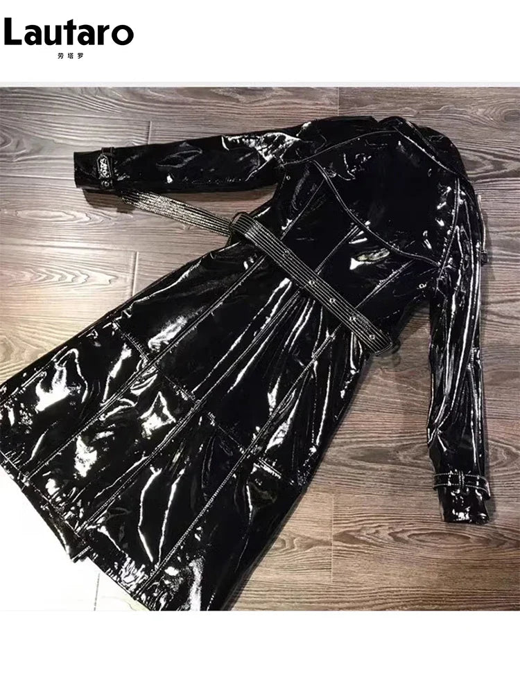 Herbst Trenchcoat Damen Kunstleder Lang Reflektierend