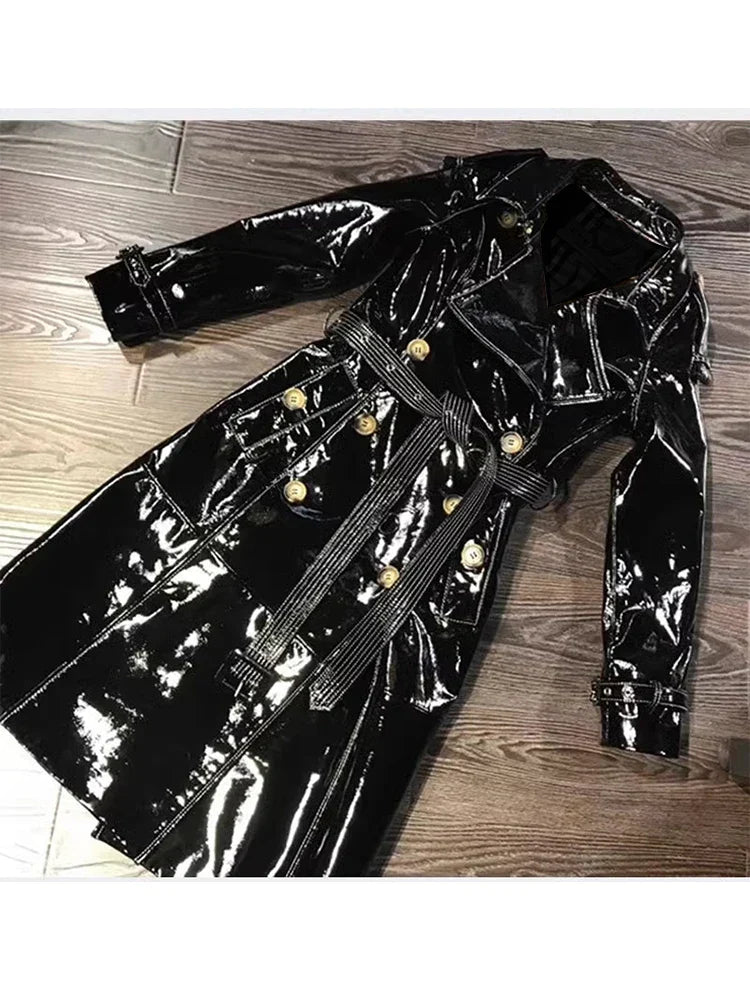 Herbst Trenchcoat Damen Kunstleder Lang Reflektierend