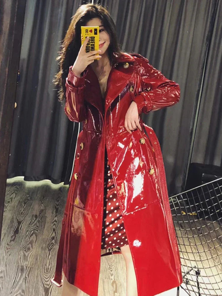 Herbst Trenchcoat Damen Kunstleder Lang Reflektierend
