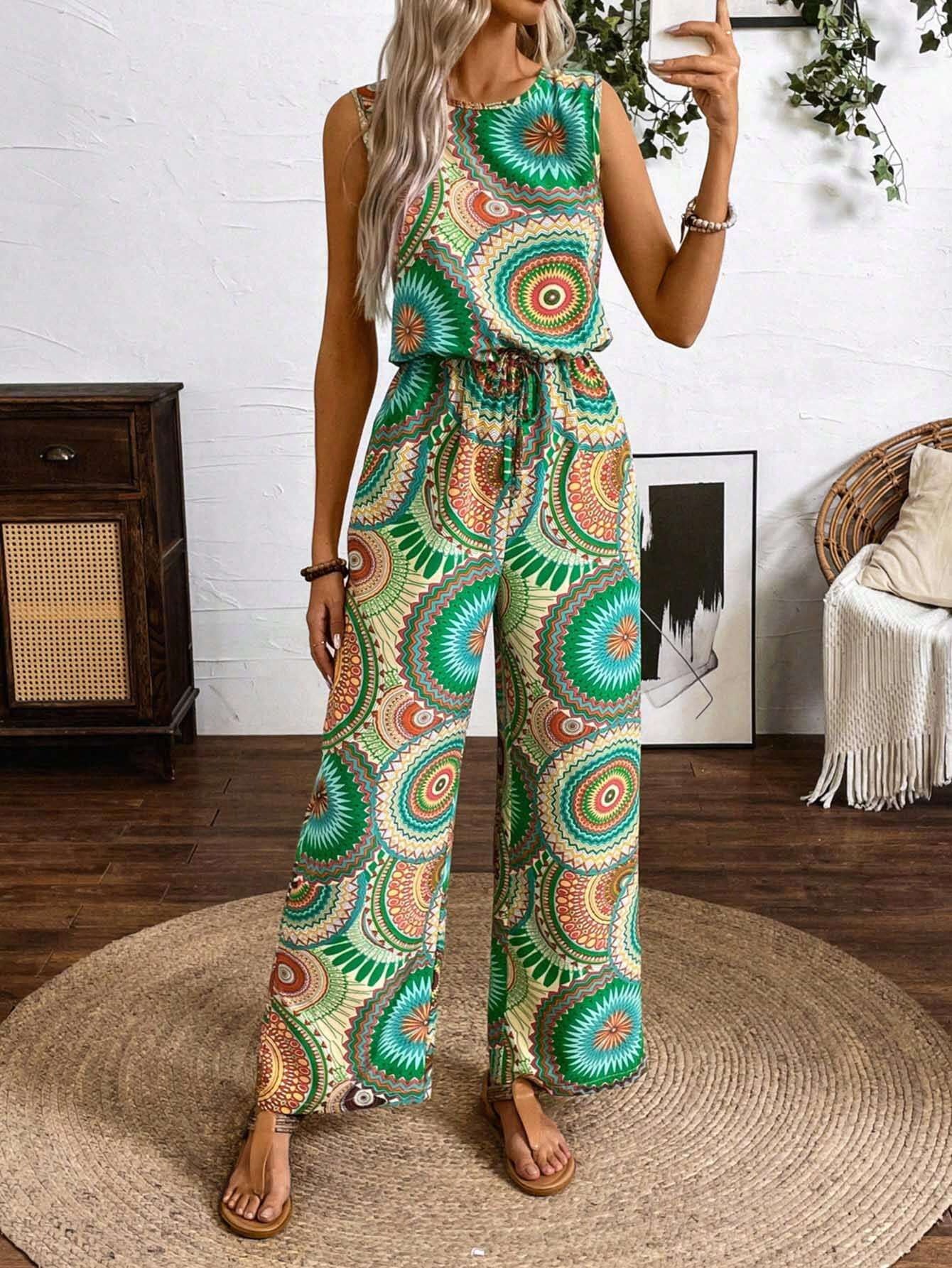 Damen Jumpsuit mit Muster: Lockerer Schnitt & Elastischer Bund