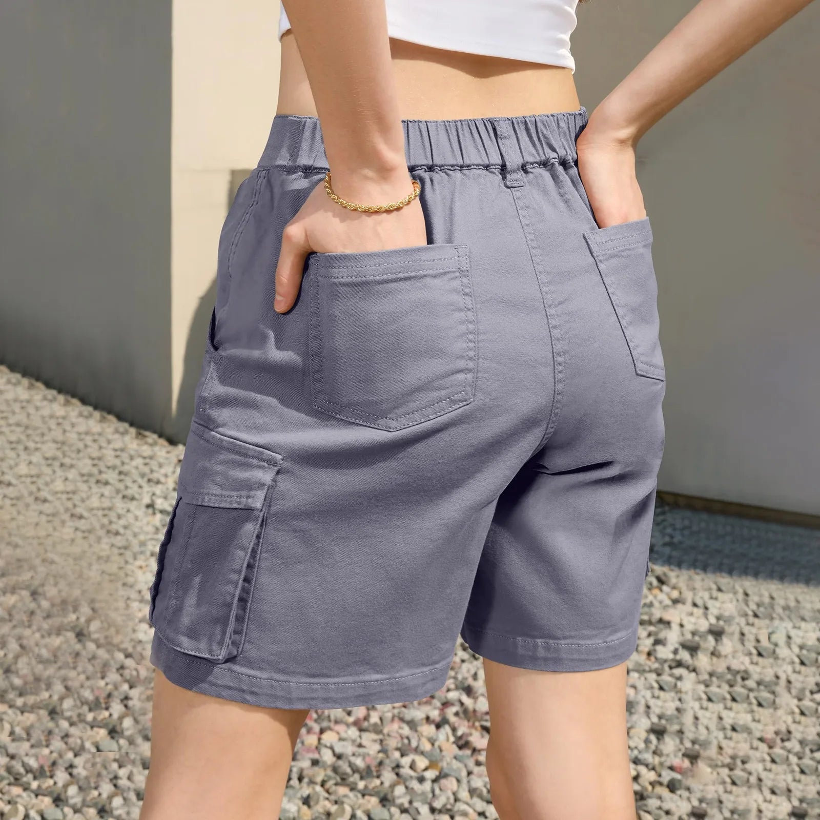 Damen Vintage Cargo Shorts mit elastischem Bund und 6 Taschen