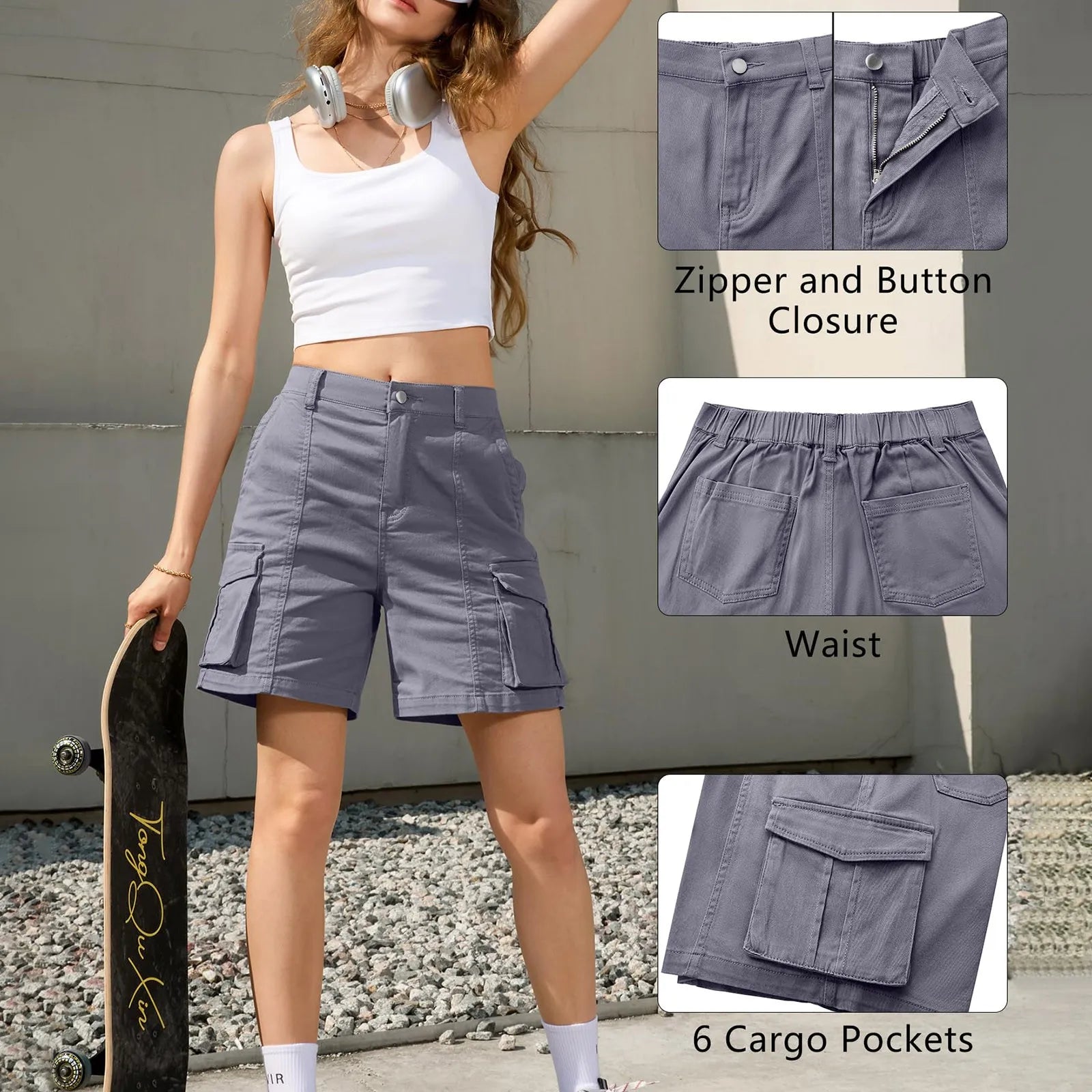 Damen Vintage Cargo Shorts mit elastischem Bund und 6 Taschen