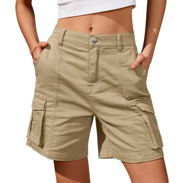 Damen Vintage Cargo Shorts mit elastischem Bund und 6 Taschen