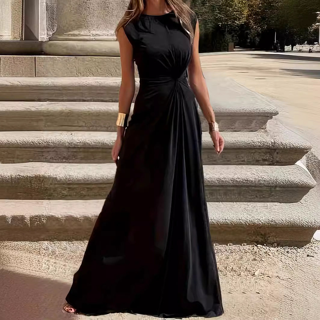 Elegantes Damen Maxikleid mit Raffung und Rundhals