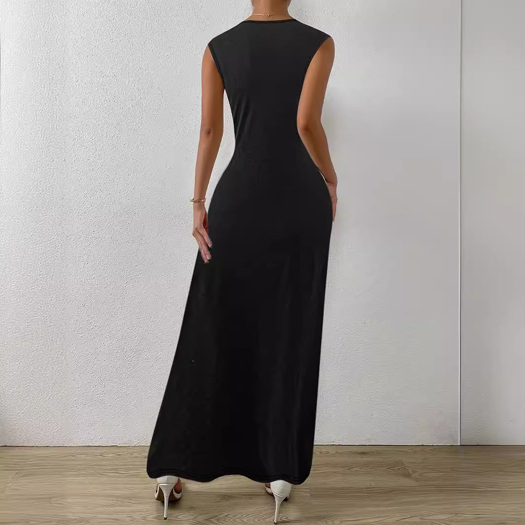 Elegantes Damen Maxikleid mit Raffung und Rundhals