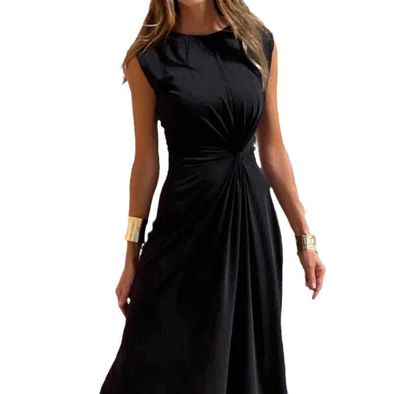 Elegantes Damen Maxikleid mit Raffung und Rundhals