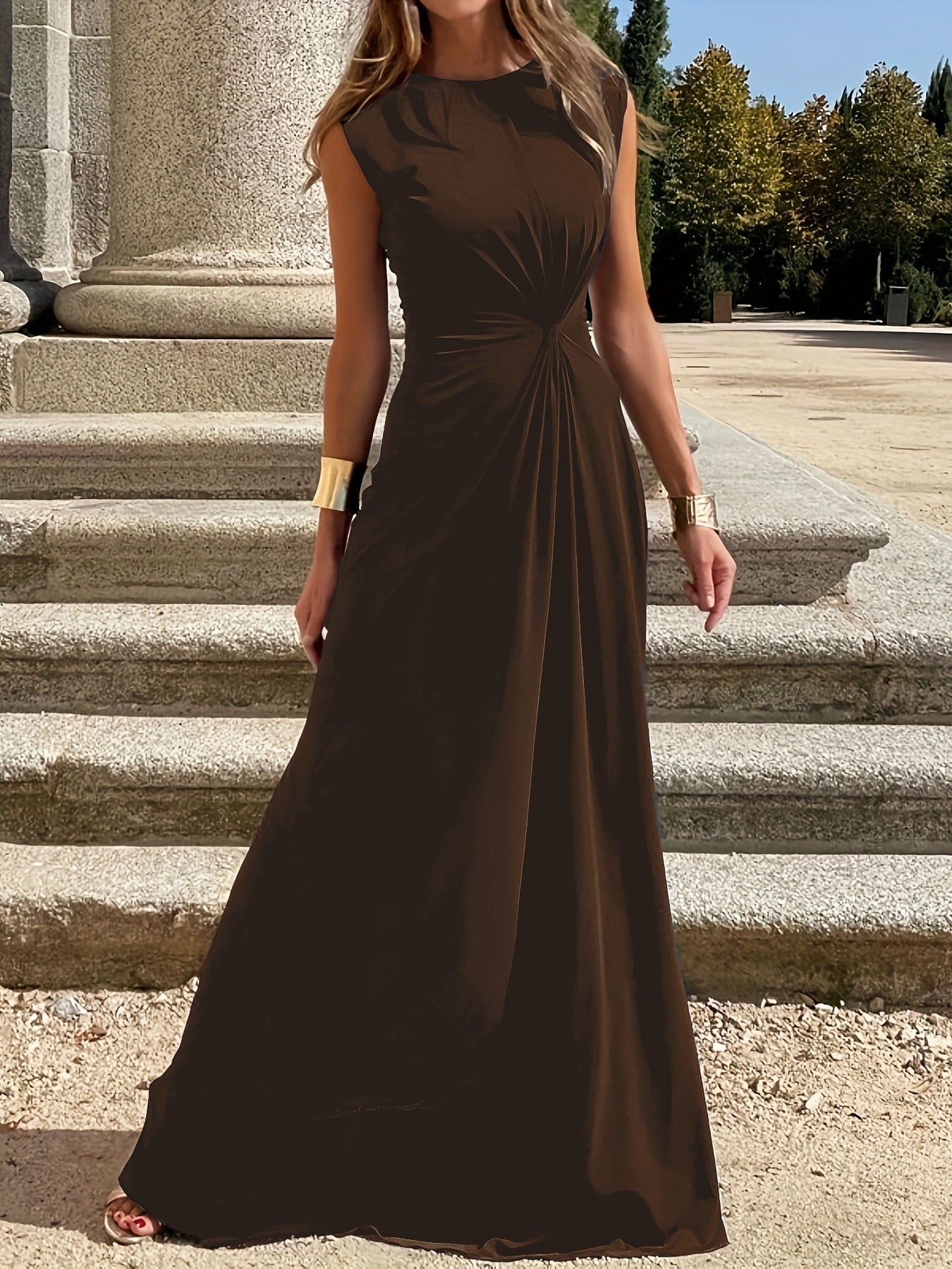 Elegantes Damen Maxikleid mit Raffung und Rundhals