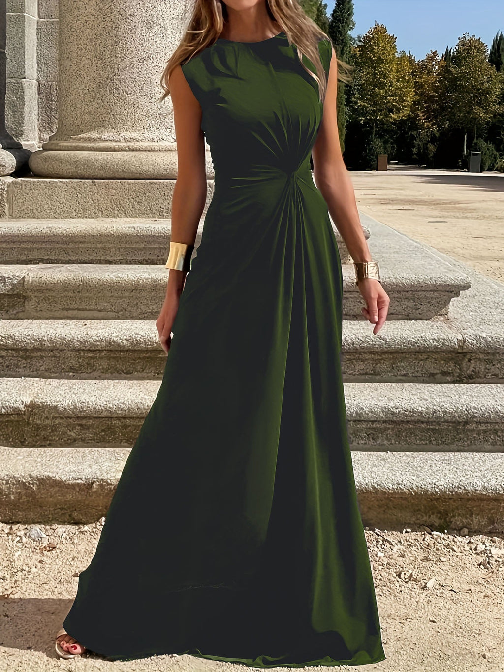 Elegantes Damen Maxikleid mit Raffung und Rundhals