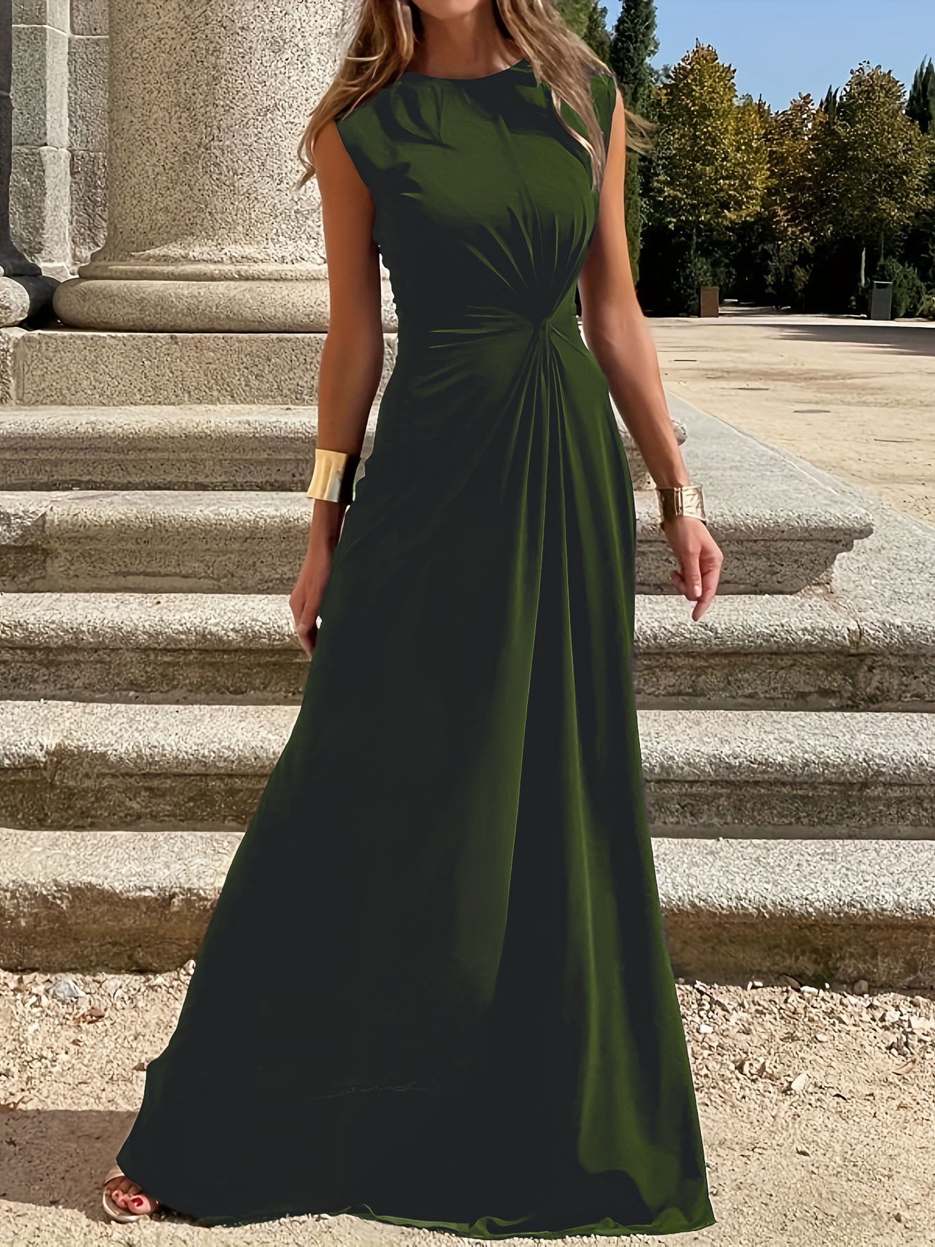 Elegantes Damen Maxikleid mit Raffung und Rundhals