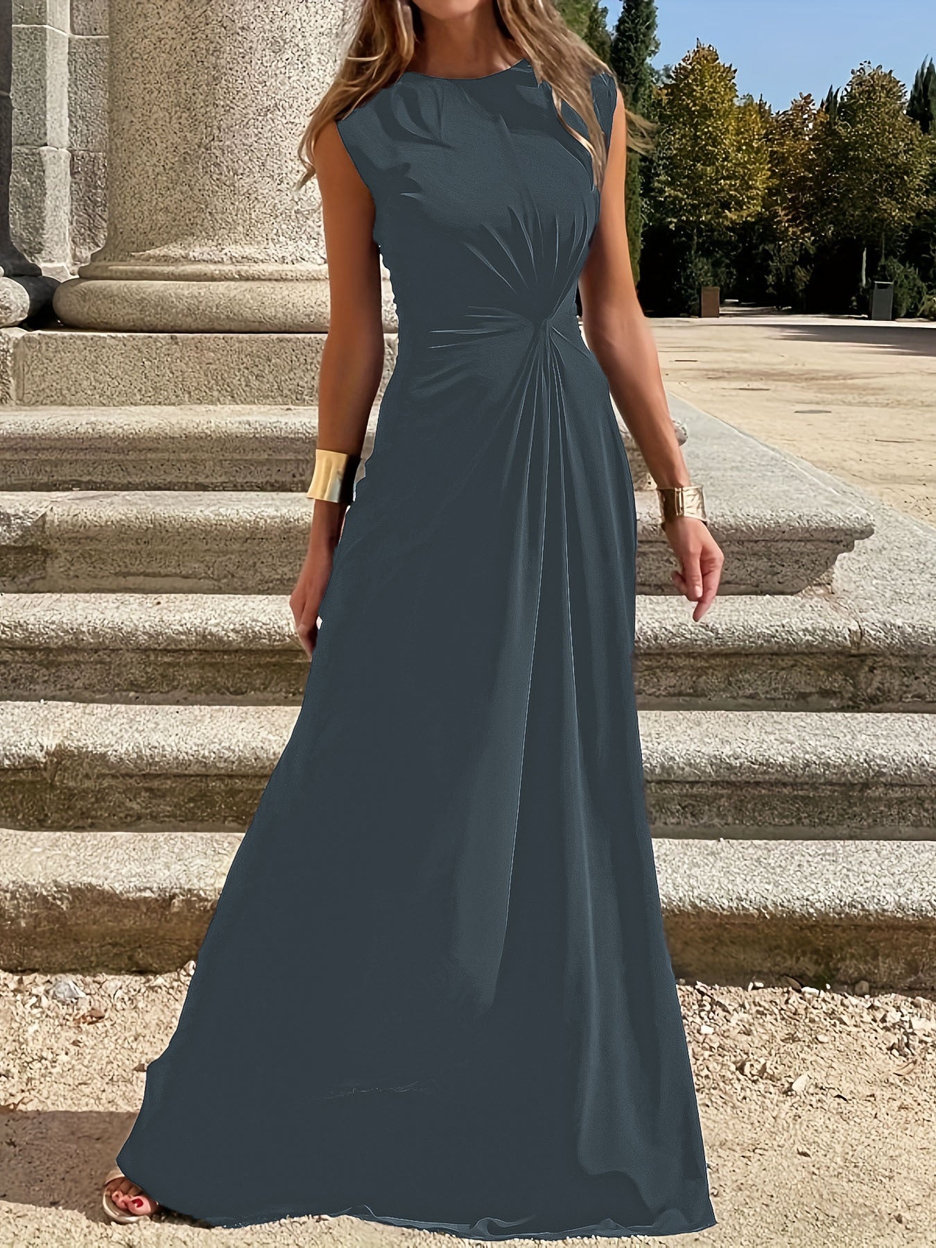 Elegantes Damen Maxikleid mit Raffung und Rundhals