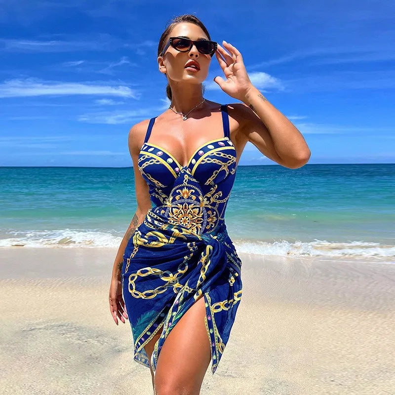 Badeanzug mit Strandrock und Push-up-BH: Goldenes Kettenmuster