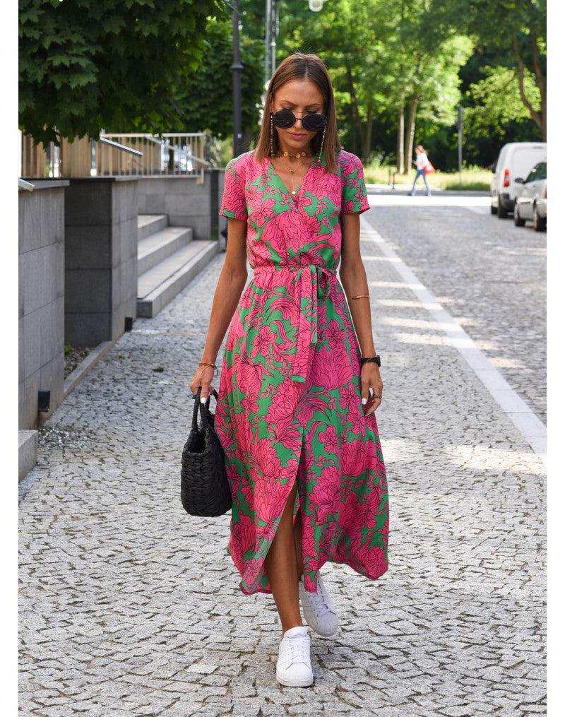 Sommerkleid Maxikleid Kurzarm V-Ausschnitt