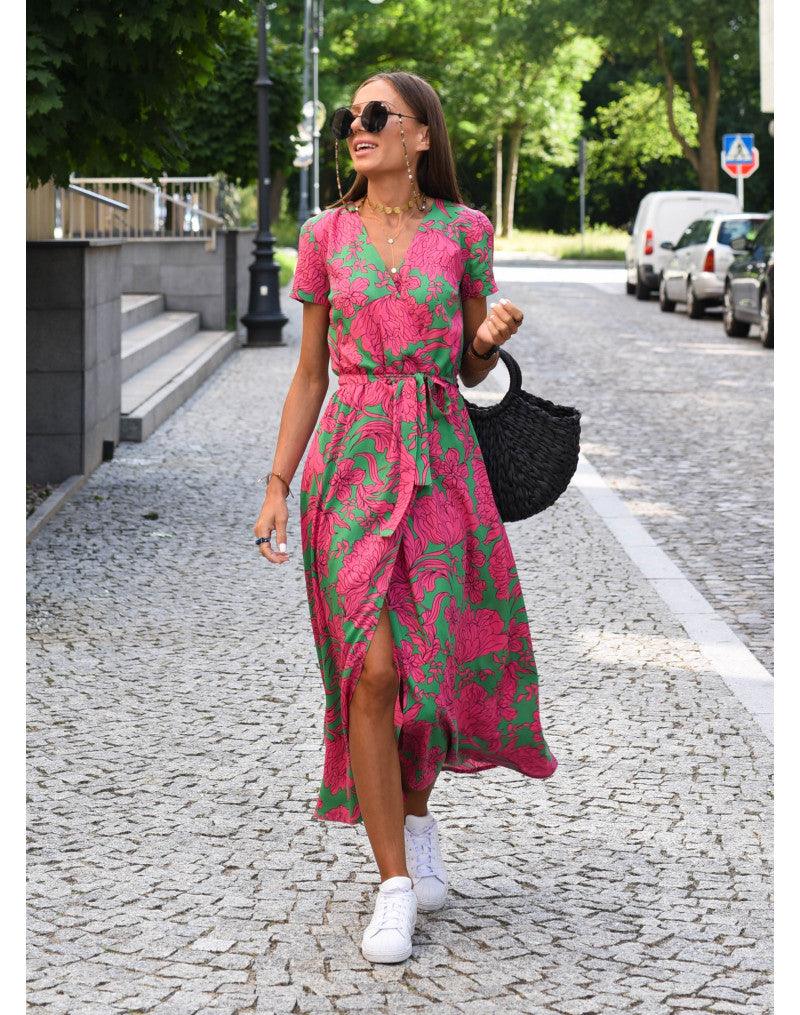 Sommerkleid Maxikleid Kurzarm V-Ausschnitt