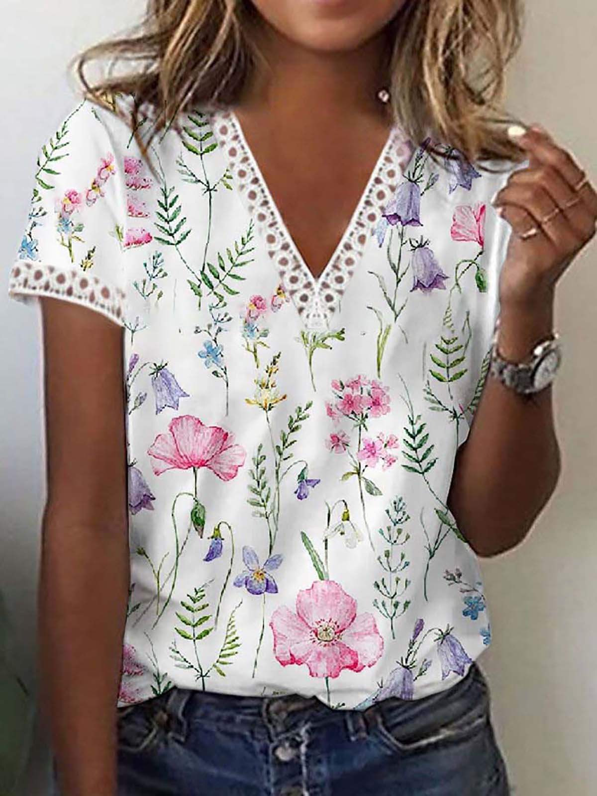 Damen T-Shirt V-Ausschnitt Kurzarm Elegant