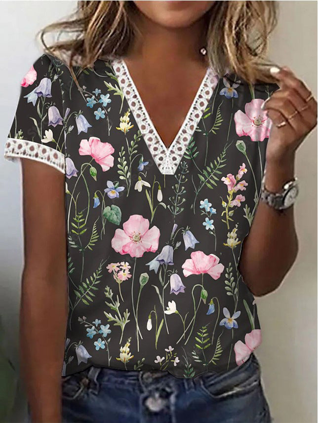 Damen T-Shirt V-Ausschnitt Kurzarm Elegant