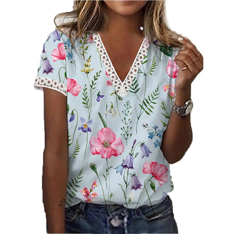 Damen T-Shirt V-Ausschnitt Kurzarm Elegant