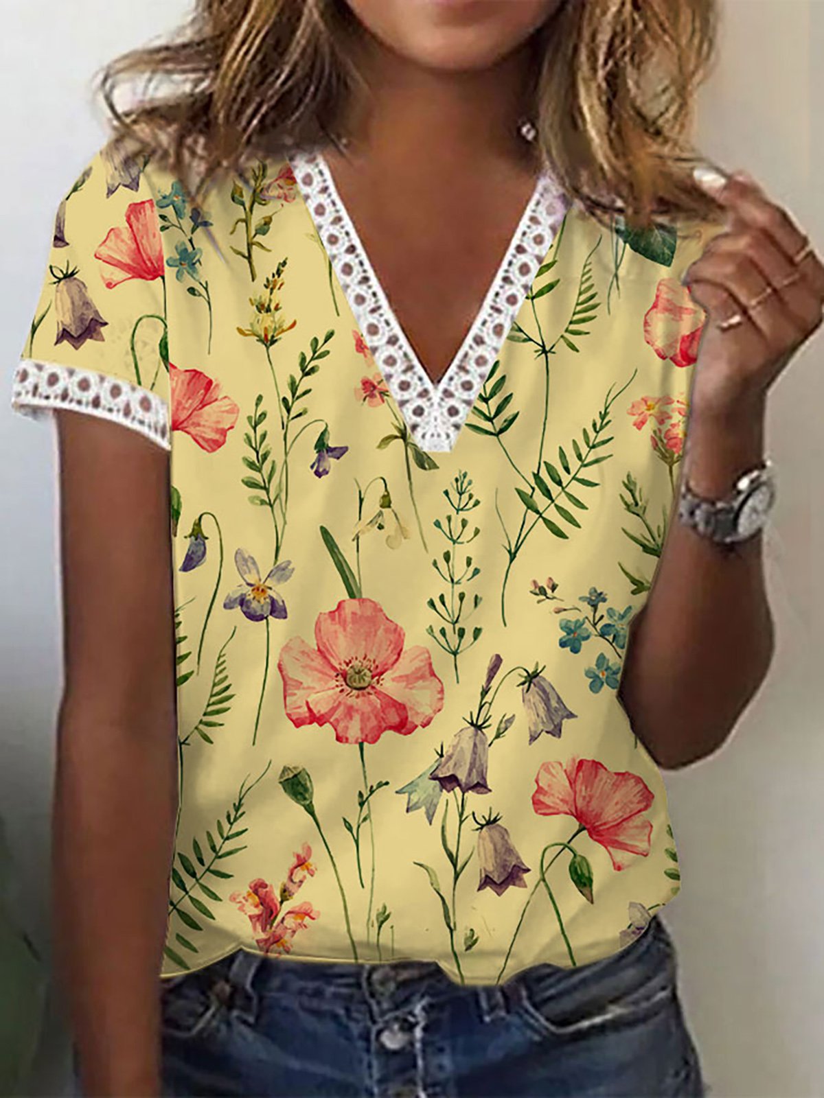 Damen T-Shirt V-Ausschnitt Kurzarm Elegant