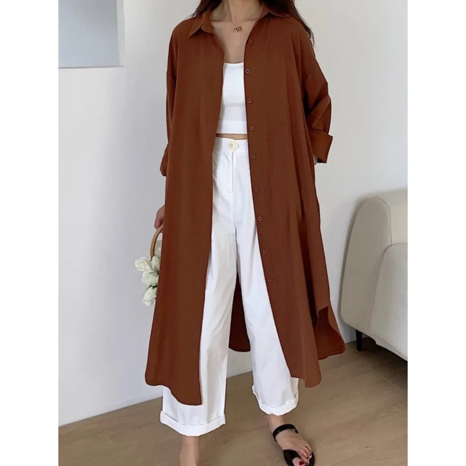 Damen Langarm Leinenkleid - Zeitloses Design & Komfort