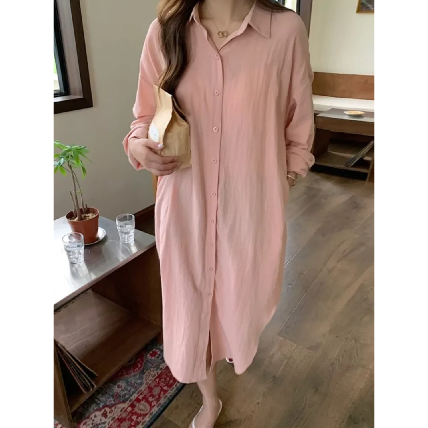Damen Langarm Leinenkleid - Zeitloses Design & Komfort