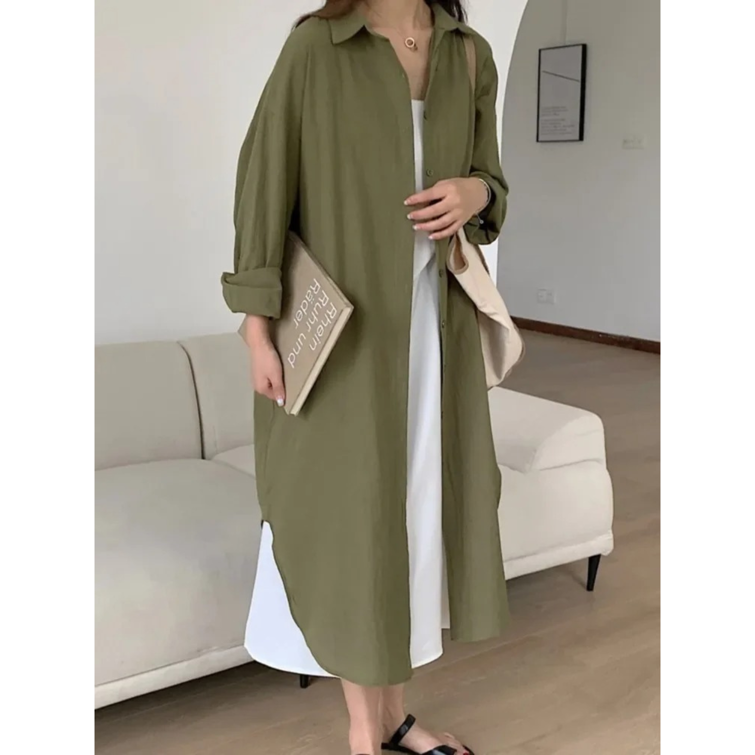 Damen Langarm Leinenkleid - Zeitloses Design & Komfort