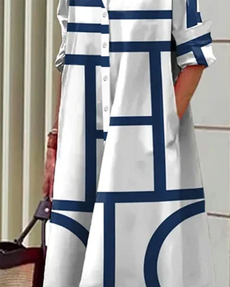 Knielanges A-Linien-Kleid mit Taschen und geometrischem Muster