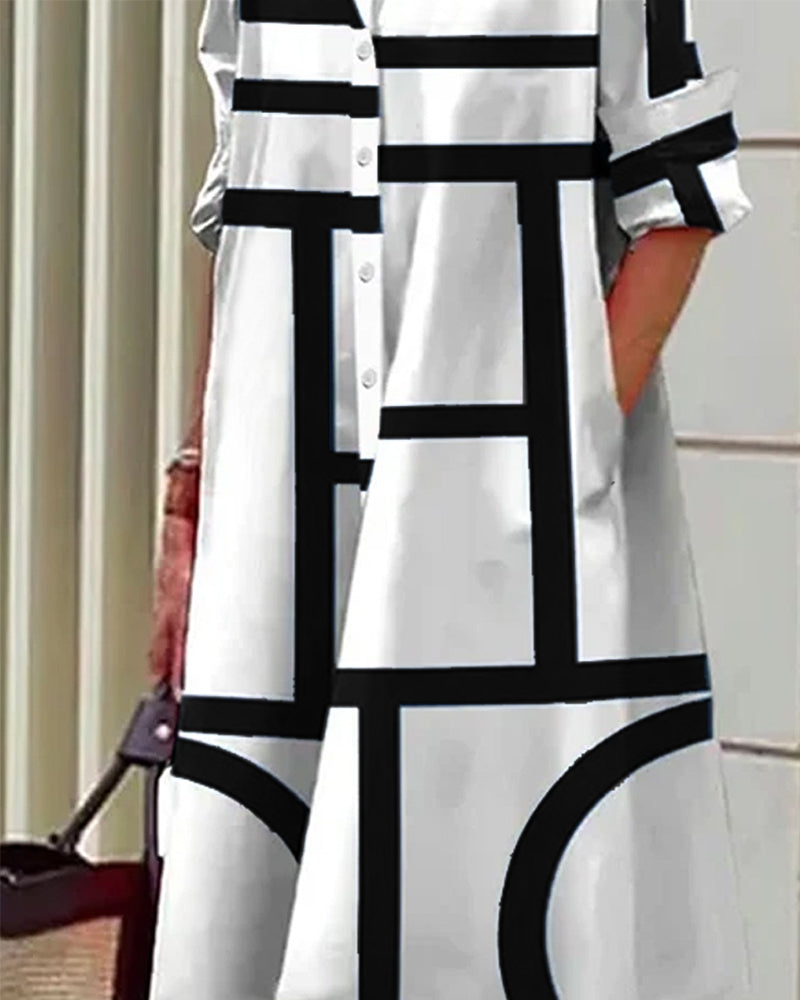 Knielanges A-Linien-Kleid mit Taschen und geometrischem Muster