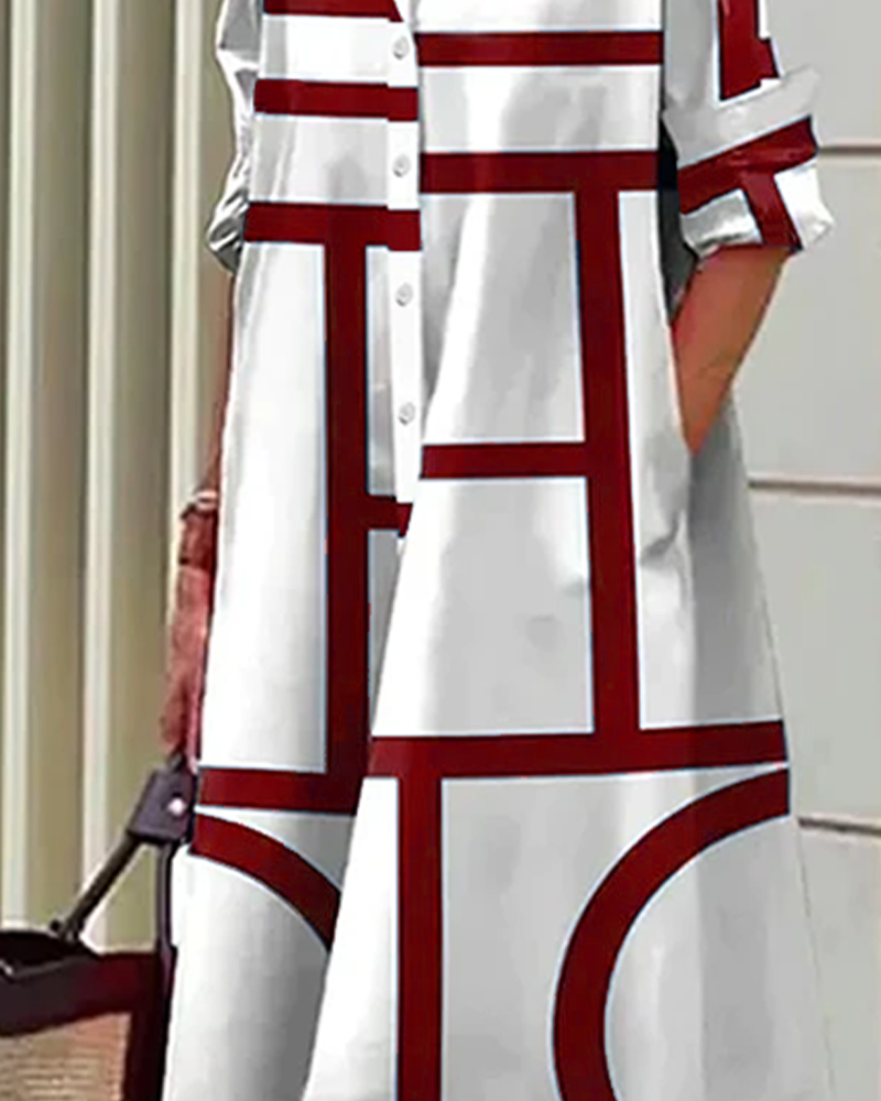 Knielanges A-Linien-Kleid mit Taschen und geometrischem Muster