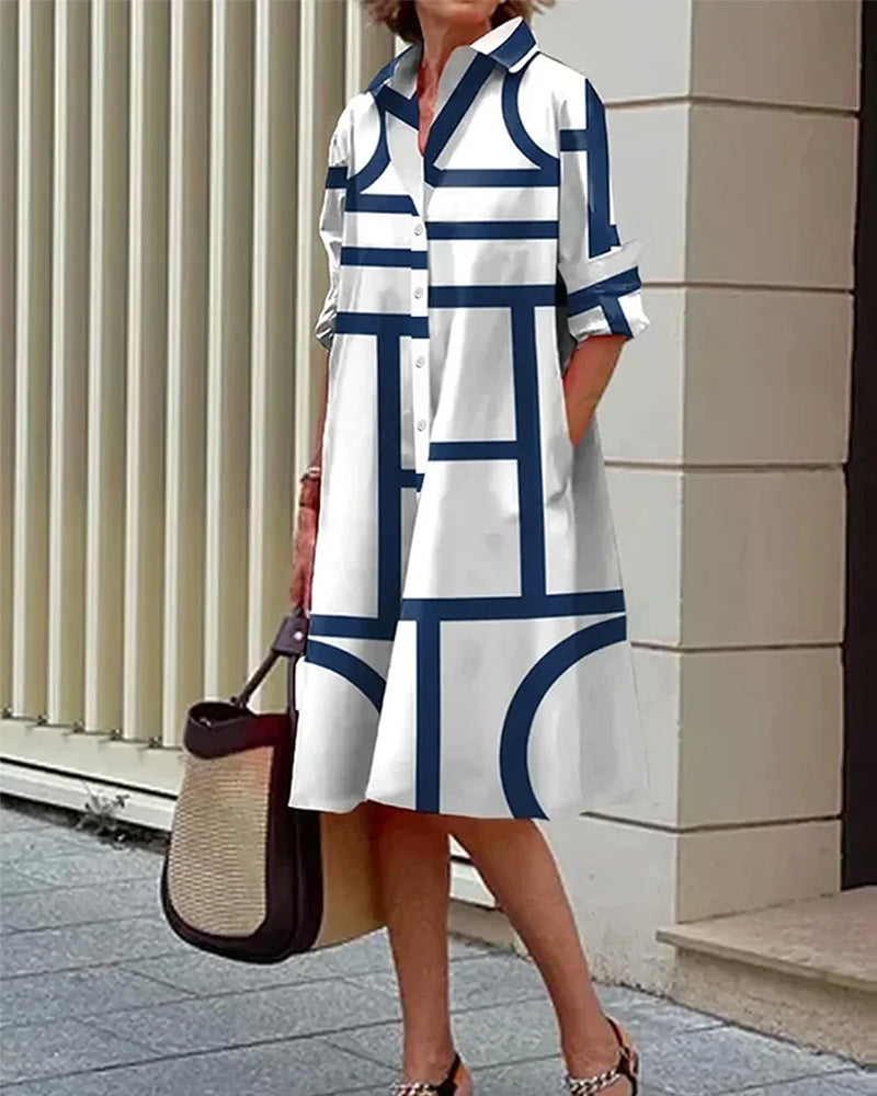 Knielanges A-Linien-Kleid mit Taschen und geometrischem Muster