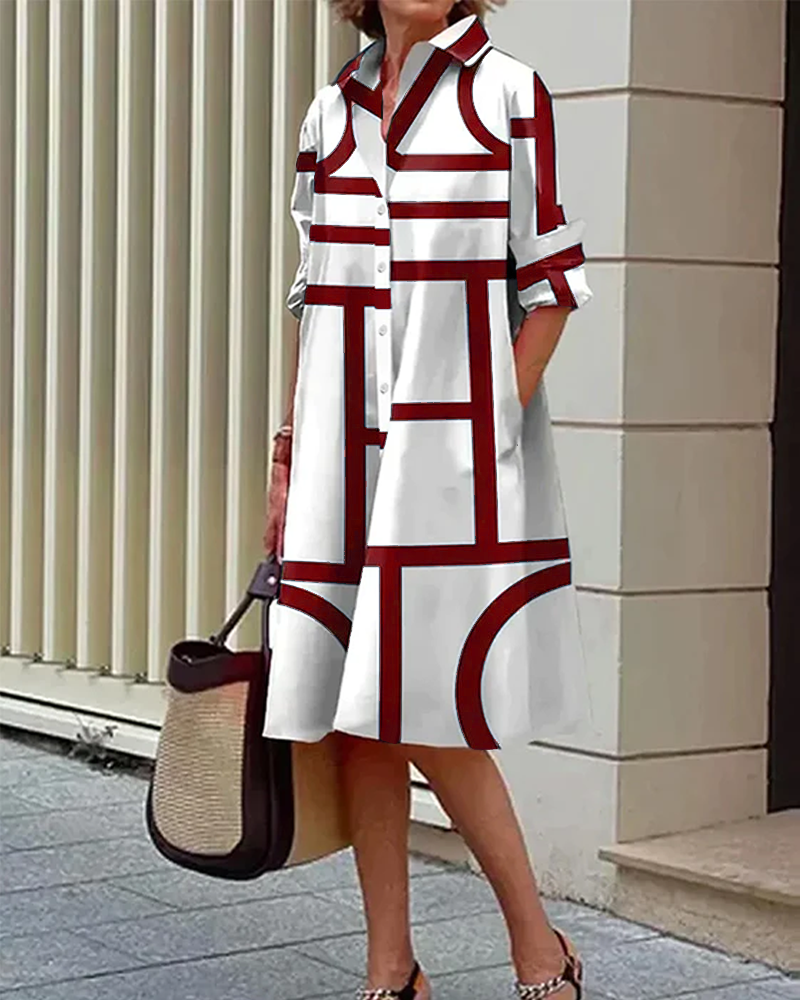 Knielanges A-Linien-Kleid mit Taschen und geometrischem Muster
