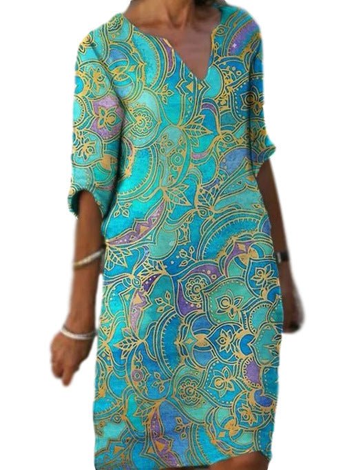 Leichtes Paisley-Kleid mit 3/4 Ärmeln und V-Ausschnitt