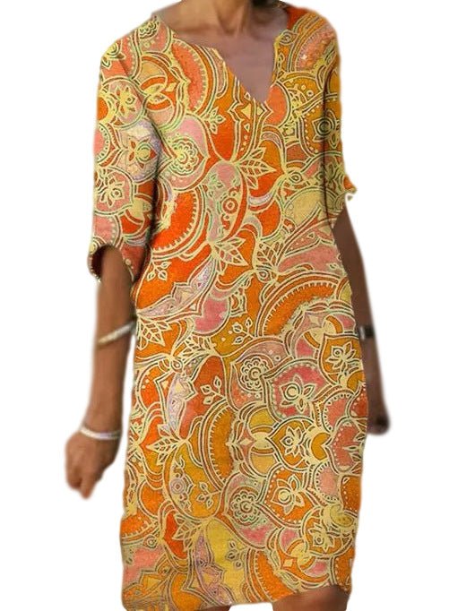 Leichtes Paisley-Kleid mit 3/4 Ärmeln und V-Ausschnitt