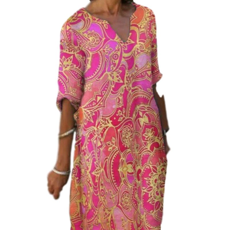 Leichtes Paisley-Kleid mit 3/4 Ärmeln und V-Ausschnitt