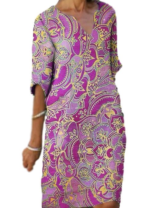 Leichtes Paisley-Kleid mit 3/4 Ärmeln und V-Ausschnitt