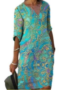 Leichtes Paisley-Kleid mit 3/4 Ärmeln und V-Ausschnitt